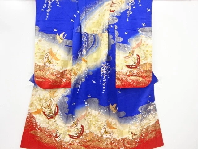 37276# Japanese Kimono / Antique Kimono For Girls / Embroidery / Cranes & Sa