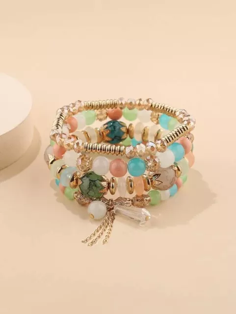 NEW Beaded 4 piece Bracelet Set Teal Green Blue Gold Boho Stack Layered Bohemian