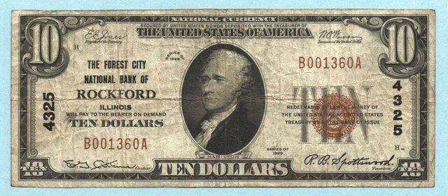 $10 National Currency 1929 T1 - Ch#4325 - Forest City NB, Rockford, IL - VF+