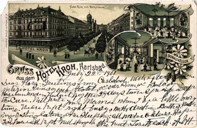 CPA AK greeting from Carlsbad hotel Kroh forerunner CZECHIA (1274585)
