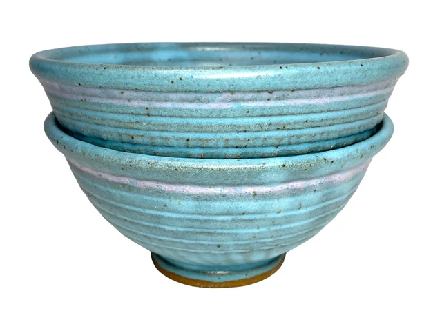 Wheel Thrown Studio Pottery Small Bowl Rice Matte Blue Purple Signed Set Of 2