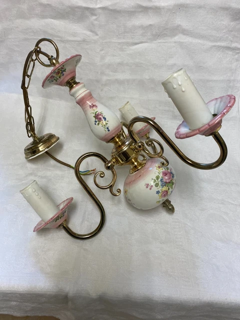 Vintage Floral Ceramic & Polished Brass 3 Branch Chandelier Belgium IWO