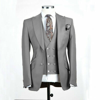 Grey Men 3 Piece Suit Business Formal Prom Party Dinner Tuxedos Wedding Suits