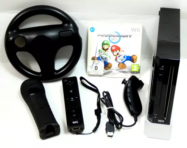 Console Nintendo Wii Noire Combo Mario Kart Volant Wiimote Nunchuk Teste Formate