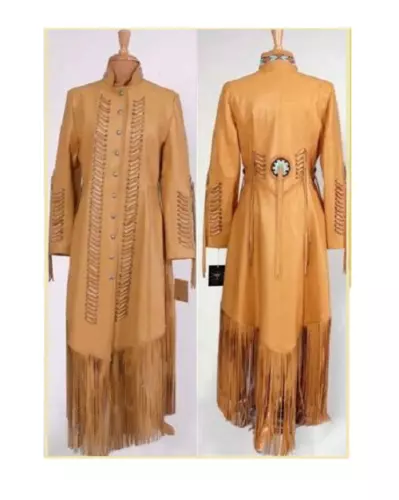 Women Native American Tan Leather Beaded Long Fringes Wedding Dress