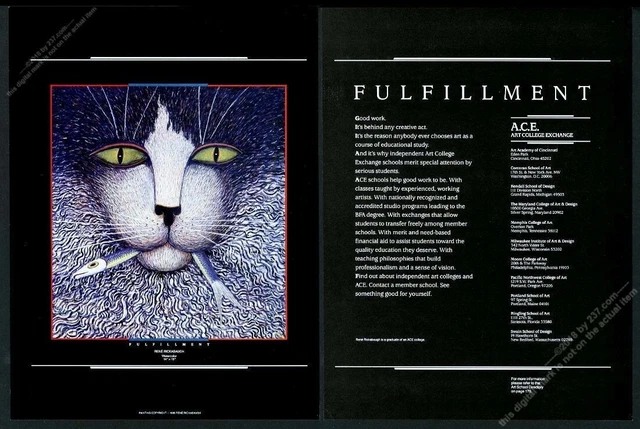 1986 Rene Rickenbaugh cat with fish art ACE vintage print ad