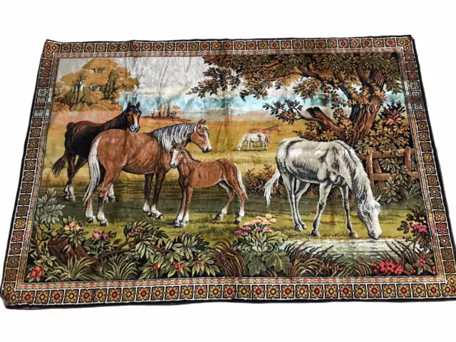 Vintage  Large Velvet wall Hanging Tapestry Wild Horse Family 1970s