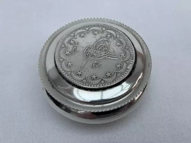 Fine Hallmarked Solid Silver Middle Eastern Circular Pill Box With Coin Set Lid