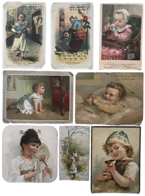 Victorian Children~Antique Mixed Lot Of 8 Over-sized Trade Cards & Ephemera