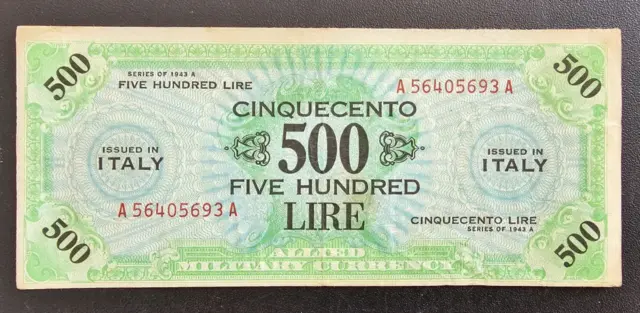 Banconota AM LIRE 500 Occupazione Americana Anno 1943 A Bilingue Rara