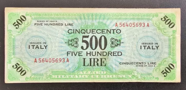 Banconota AM LIRE 500 Occupazione Americana Anno 1943 A Bilingue Rara Banconota AM LIRE 500 Occupazione Americana Anno 1943 A Bilingue Rara