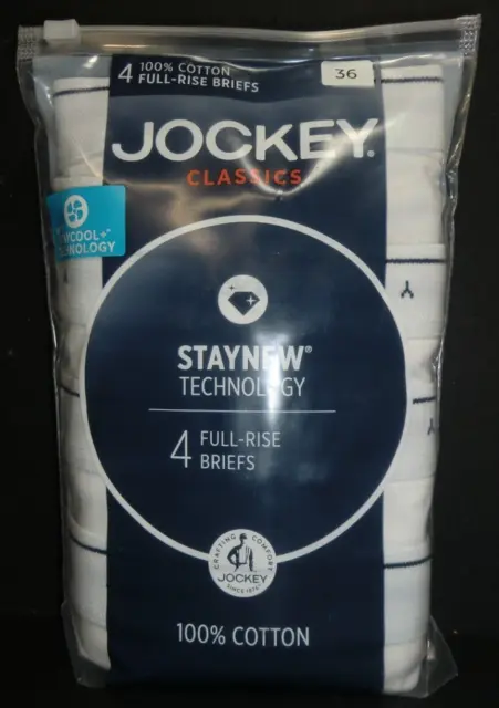 Jockey Classics 4-Pack Full-Rise Briefs 100% Cotton Staycool Men's Size 36 White