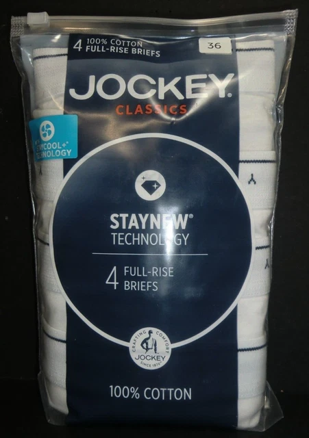 Jockey Classics 4-Pack Full-Rise Briefs 100% Cotton Staycool Men's Size 36 White Jockey Classics 4-Pack Full-Rise Briefs 100% Cotton Staycool Men's Size 36 White