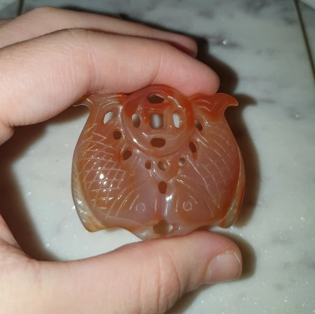 Old China Hongshan Culture Agate Carve Hole Double Fish Pendant - 17.9g