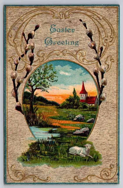 Easter Greeting Pussy Willows Lamb Rural Scene Inset Old Postcard 1910s Unused