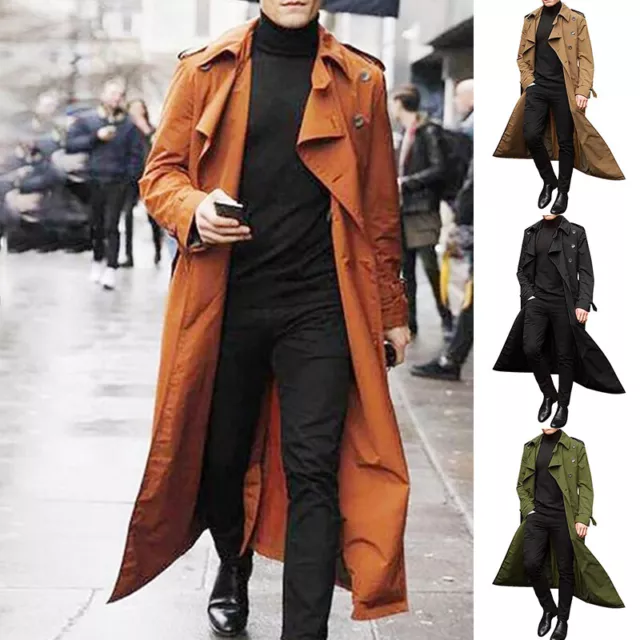 Men's Classic Lapel Long Trench Coat Jacket Windbreaker Outwear Casual Overcoat