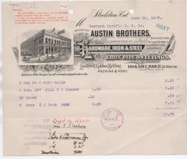 Graphic 1907 Billhead Austin Bros Hardware & Iron Pipe Stockton CA
