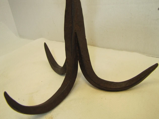 Antique Wrought Iron Triple Hook Hanger Blacksmith Fireplace Hearth Barn Tool 2