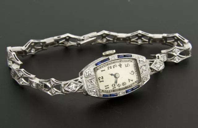 Ladies Art Deco Diamond, Sapphire, 18k White Gold and Platinum Watch 3