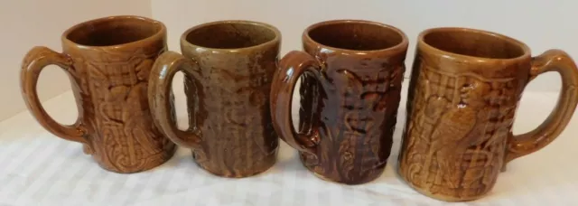 4 Antique 1900's Stoneware  Mugs Brown with Raised Parrot Bird Pattern