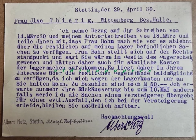 Firmenpost Stettin Pommern Albert Netz nach Wittenberg Halle a. Nothilfe GA 1930