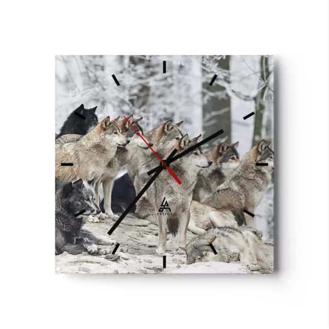 Horloge murale en verre 30x30cm Silencieuse Meute Loups Hiver Wall Clock