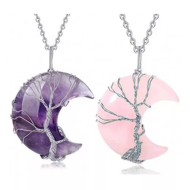 Natural Healing Crystal Quartz Tree Of Life Moon Crescent Stone Pendant Necklace