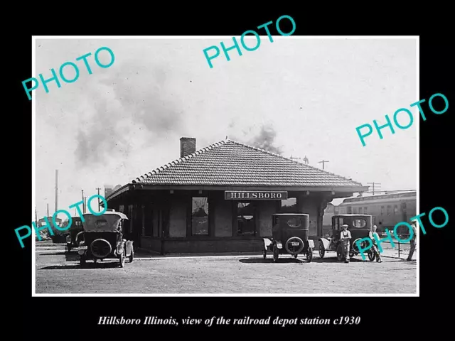 OLD LARGE HISTORIC PHOTO OF HILLSBORO ILLINOIS VIEW OF THE RAILROAD DEPOT c1930