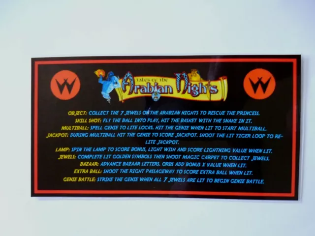 'TALES OF THE ARABIAN NIGHTS' Williams 1996 Custom Instruction/Apron Cards (New) 3