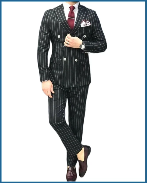 Men's Black Custom Made Double Breasted White Striped Designer 2Pc Formal Suit