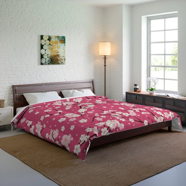 Pink Cherry Blossoms Comforter Queen Bed Size Polyester 104" × 88"