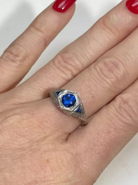 Art Deco Sapphire Lab Created Diamond Wedding Bridal 14K White Gold Filled Ring