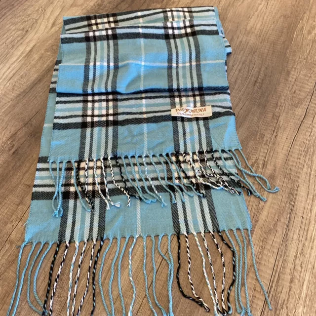 Women Pashmina Silk Scarf Blue Black Plaid Pattern Long Soft Shawl Wrap