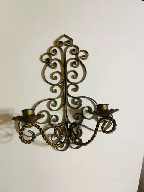 Vtg Wrought 13.5” Iron Double Sconce Scroll Metal Twisted Gold Toned Spain