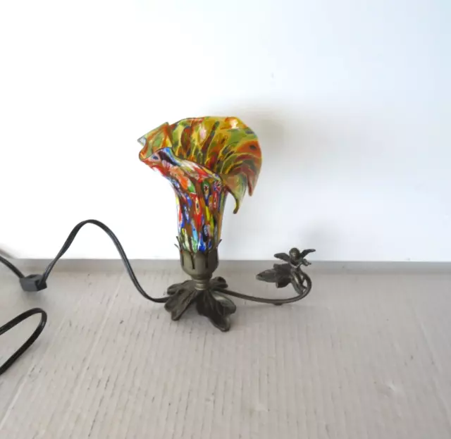 Murano Millefiori Hand Blown Art Glass Lilly Pewter Cherub Small Lamp 9" Tall