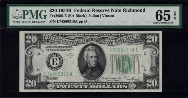 1934B $20 Federal Reserve Note Richmond FR.2056-E - Graded PMG 65 EPQ