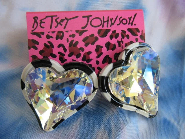 Betsey Johnson Valentine Large Plaid Black White Heart Statement Earrings Nwt