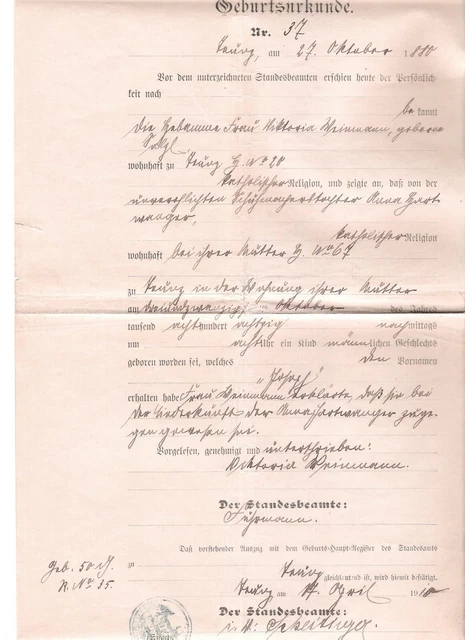 Braucht Man Original Geburtsurkunde Bei Geburt ORIGINAL GEBURTSURKUNDE HANDSCHRIFTLICH mit Dienstsiegel 1910 EUR 5,00