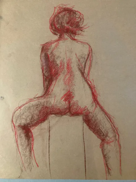 Hermoso Dibujo Moderna Mujer Desnuda Al Carboncillo Espalda Erótico Papel