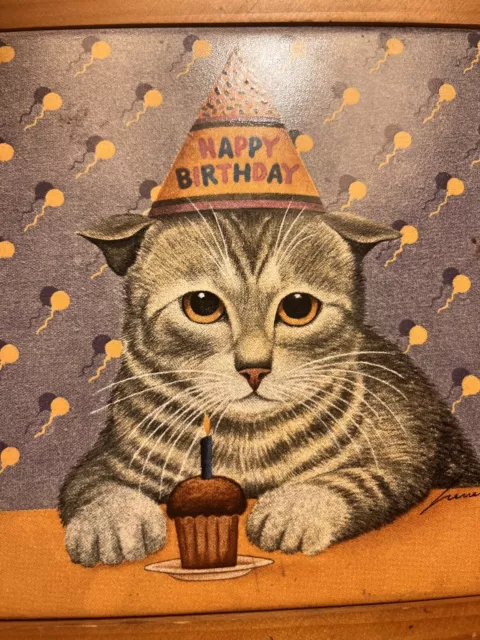 1989  Lowell Herrero Framed Tile 6 x 6 Tabby Cat Happy Birthday , Vandor Japan 3