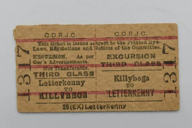 Irish - CDRJC Railway Ticket Killybegs to Letterkenny Excursion 3rd class #1317