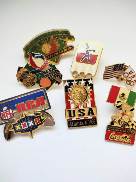 Olympics, World Cup Soccer, Super Bowl Football Pin Lot. USA, Mexico, Coca Cola