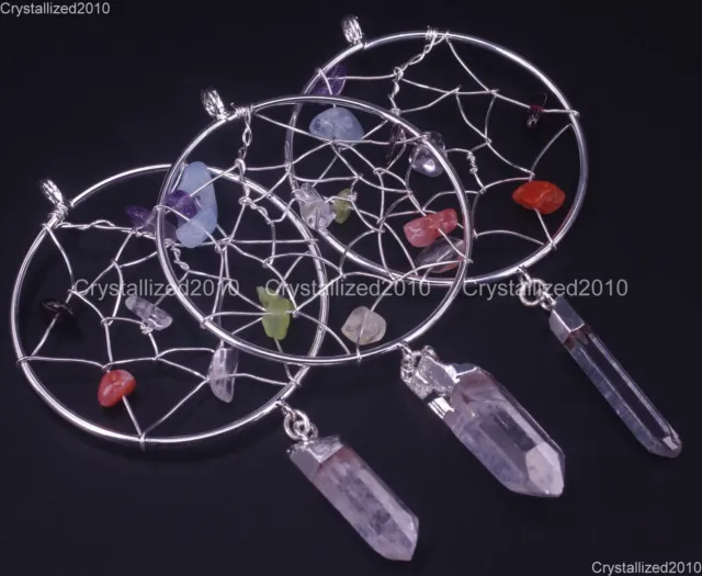 Natural Gemstones Dreamcatcher Healing Crystal Pointed Reiki Chakra Pendant 60mm