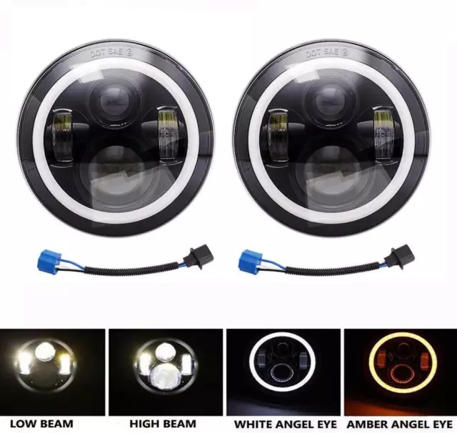 2X 7" LED Headlight Halo Angel Eyes DRL Light W/Adapter For Land Rover Defender