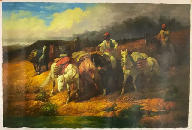 Hand Painted Oil Painting - Orientalist Arabs watering Horses - 36" x 24" Canvas