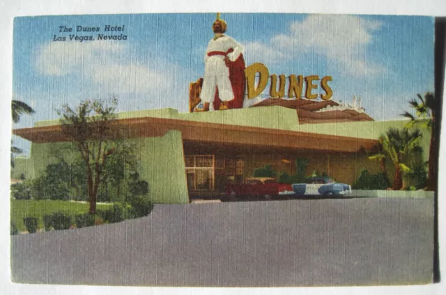 Las Vegas NV; The Dunes Hotel Building Old Linen Nevada Postcard; Sheik on top