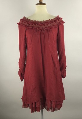 Urban Mango Womens Overlay Tunic Dress Size M Coral Ruffle Shoulder 3/4 Sleeve