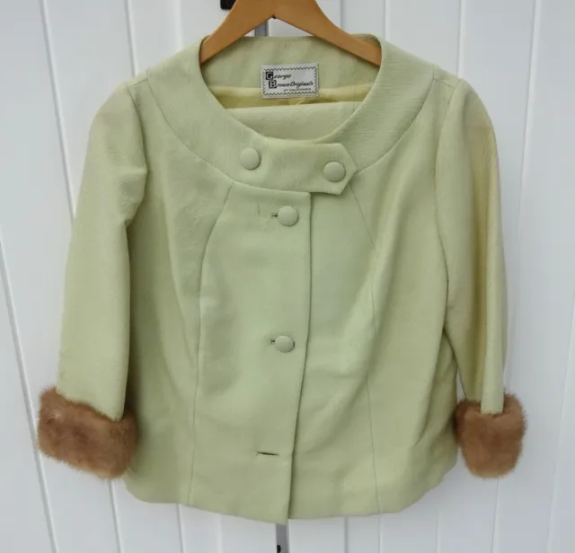 Rare VTG George Brown Originals CA 1950s Lime Green Suit Jacket Skirt Set Fur