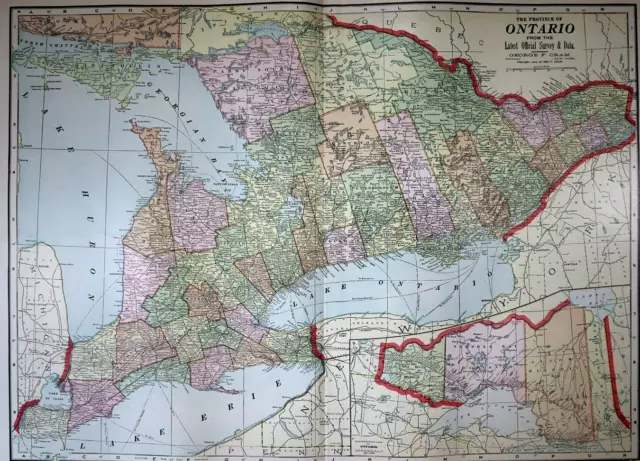 Old (Lg14x22) 1904 Cram's Atlas Map ~ ONTARIO, CANADA ~ Free S&H ~Inv#292