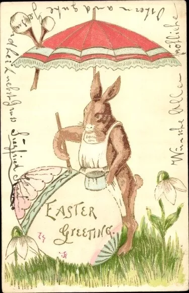 Präge Litho Glückwunsch Ostern, Hase bemalt ein Osterei, Regenschirm - 3562253